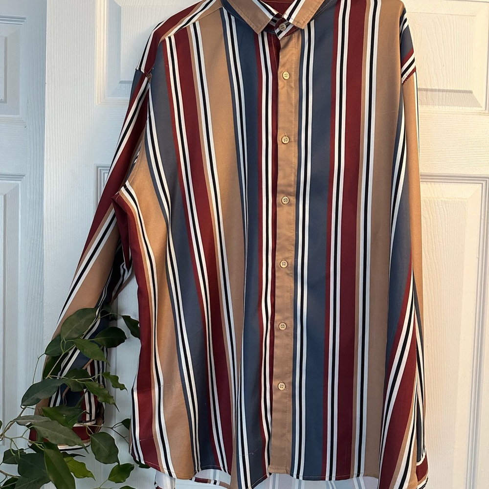 Red and Blue Casual Button Down Shirt with Vertical Stripes